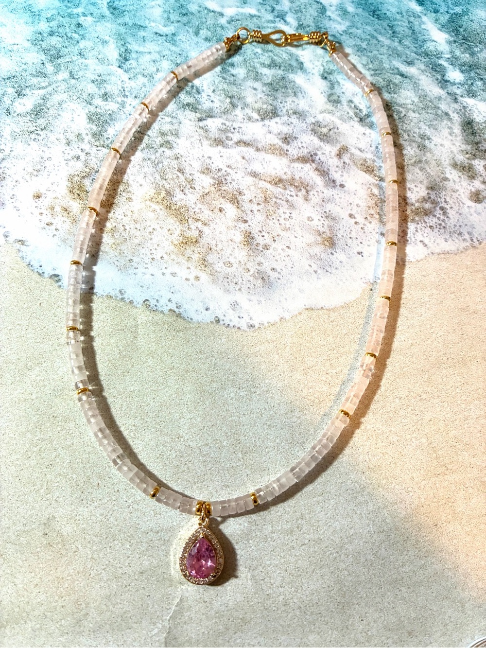 Delicate Pink Teardrop Pendant Necklace with Rose Beads